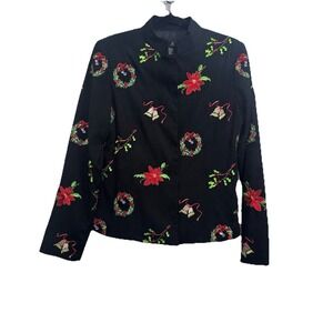 MAK New York Christmas Blazer Jacket black size 8 embroidered‎ Snap Holiday Cute
